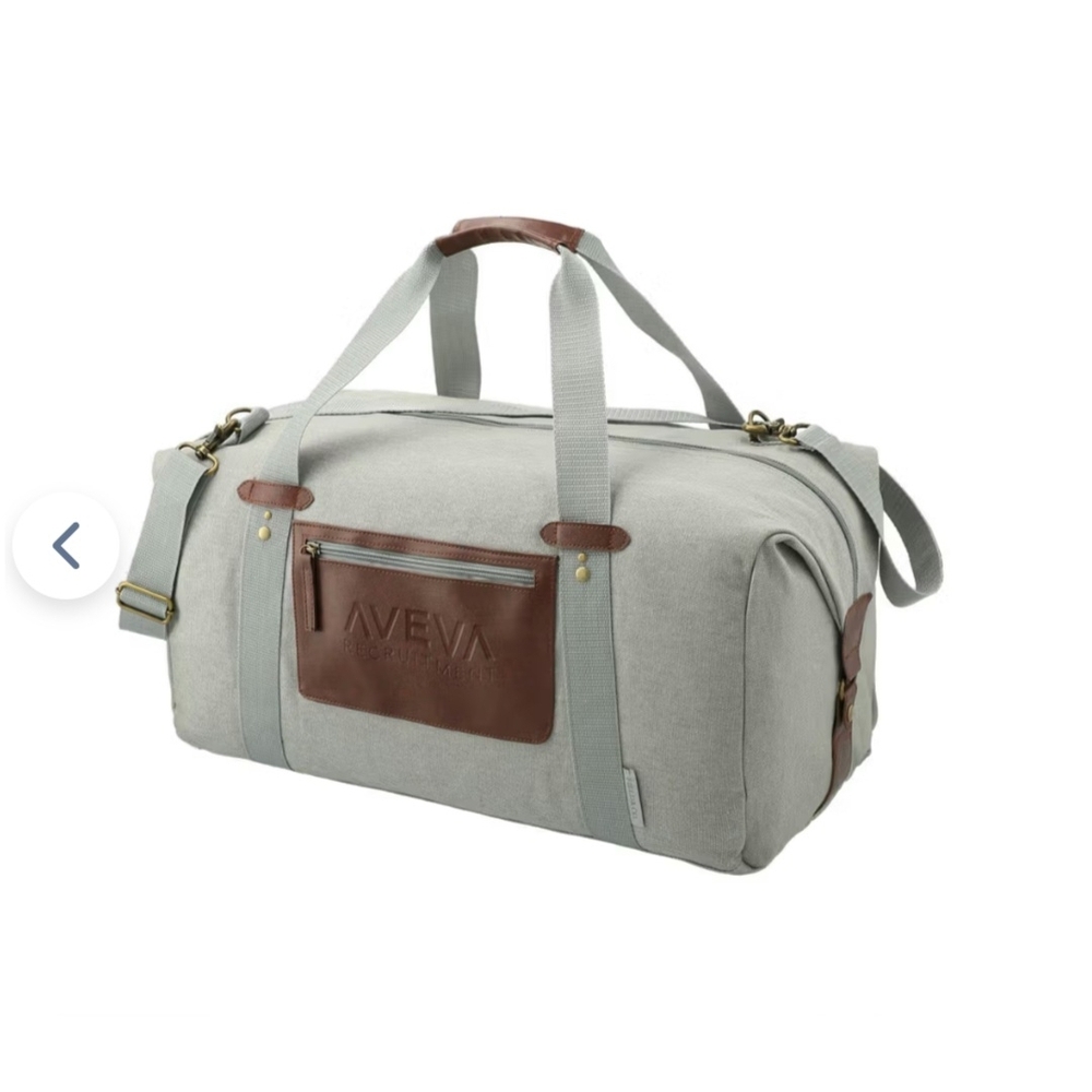 Light Gray Canvas Duffel Bag with Brown Leather Trim + Cotton Picnic Towel Set